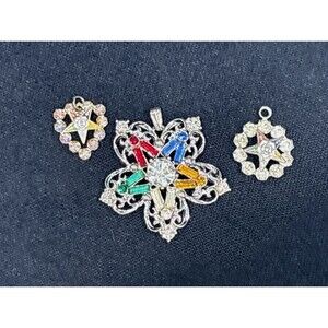 Vintage Order Of Eastern Star Rhinestone Pendant Charms Masonic Lot of 3